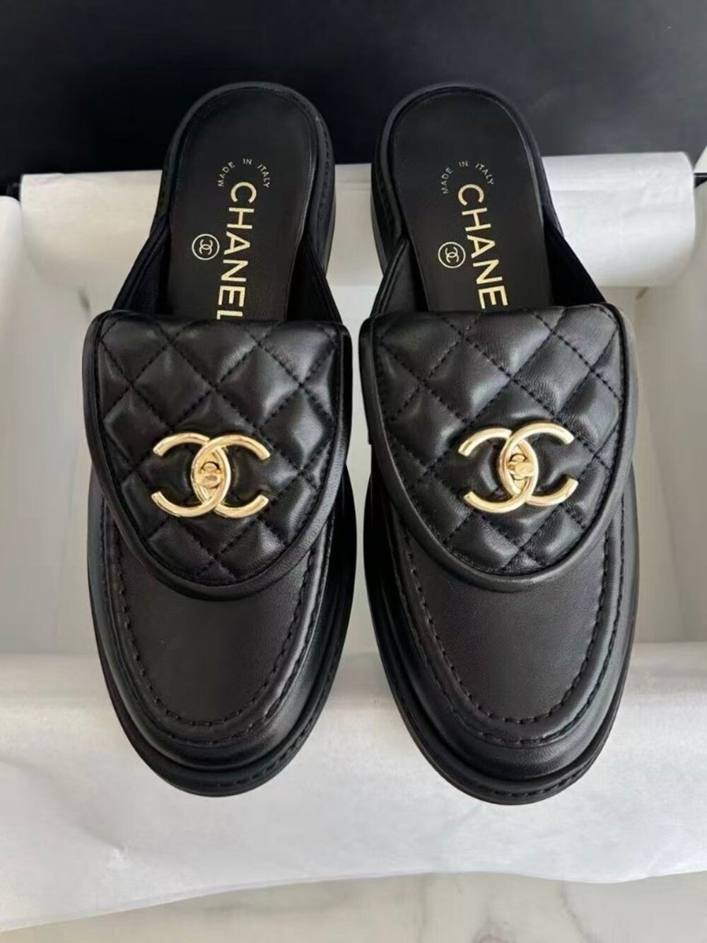 Chanel Black Quilted CC Gold Logo Platform Mule Loafers Size 38